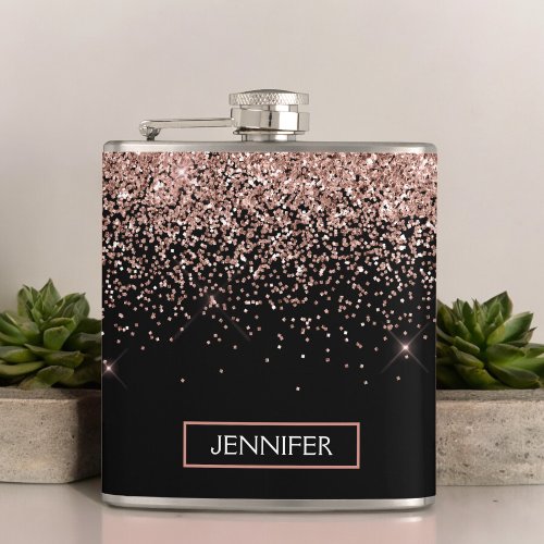 Blush Pink Rose Gold Black Glitter Monogram Name Flask