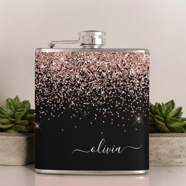 Blush Pink Rose Gold Black Glitter Monogram Name Flask (Creator Uploaded)