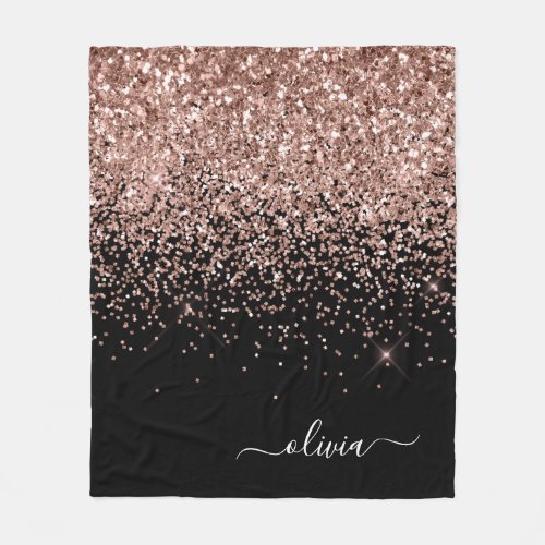 Blush Pink Rose Gold Black Glitter Monogram Name Fleece Blanket