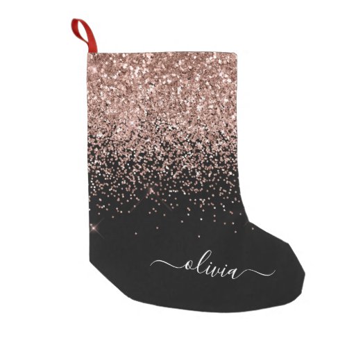 Blush Pink Rose Gold Black Glitter Monogram Name Small Christmas Stocking