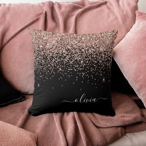 Blush Pink Rose Gold Black Glitter Monogram Name Throw Pillow