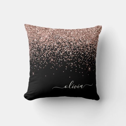 Blush Pink Rose Gold Black Glitter Monogram Name Throw Pillow