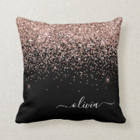 Blush Pink Rose Gold Black Glitter Monogram Name Throw Pillow
