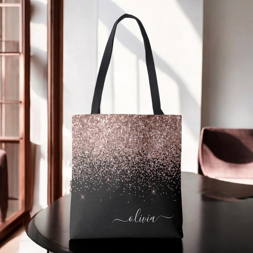 Blush Pink Rose Gold Black Glitter Monogram Name Tote Bag