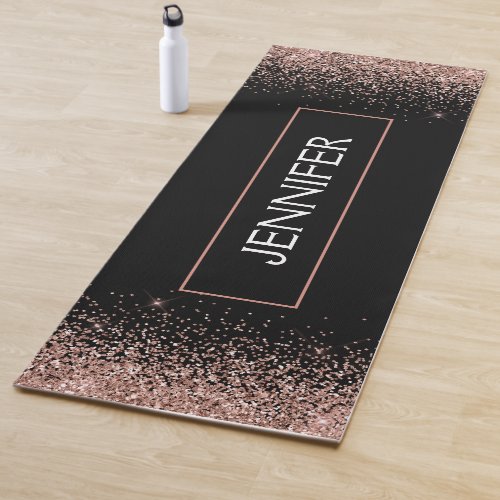 Blush Pink Rose Gold Black Glitter Monogram Name Yoga Mat