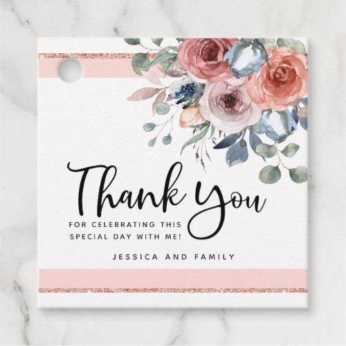 Blush Pink Rose Gold Blue Floral Thank You Favor Tags