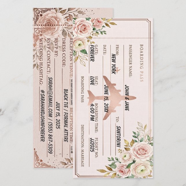 Blush Pink & Rose Gold boarding pass save the date (Front/Back)