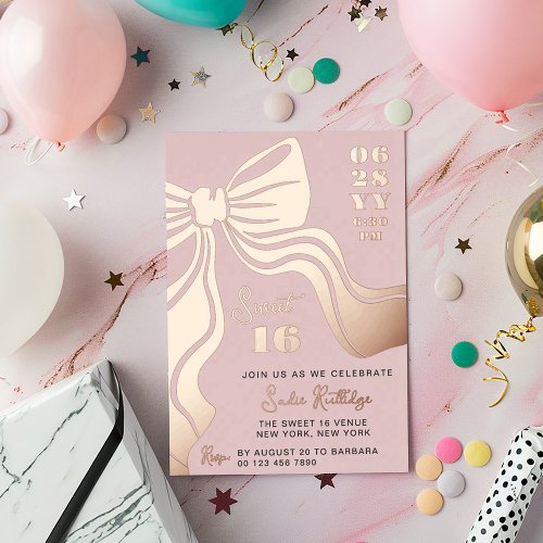 Blush Pink Rose Gold Bow Sweet 16 Foil Invitation