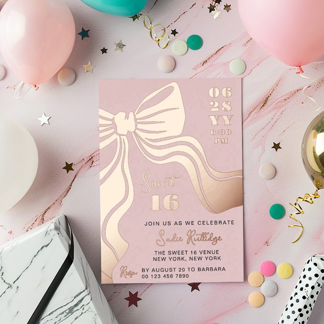 Blush Pink Rose Gold Bow Sweet 16 Foil Invitation (Creator Uploaded)
