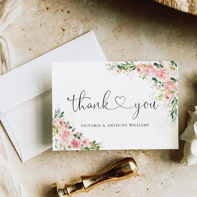 Blush Pink Rose Gold Bridal Shower Flat Thank You Card (Creator Uploaded)