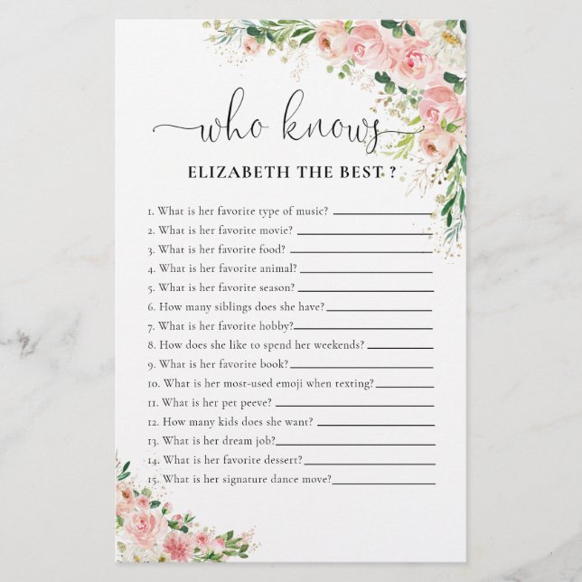 Blush Pink Rose Gold Bridal Shower Game (Front)