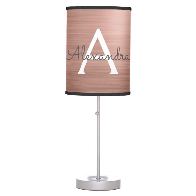 Blush Pink - Rose Gold Brushed Metal Monogram Name Table Lamp (Front)