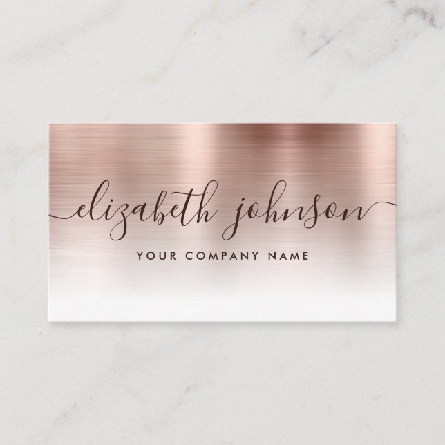 Blush Pink Rose Gold Brushed Metal Stylish Script Business Card (Front)