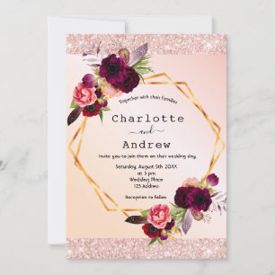 Blush pink rose gold burgundy florals wedding invitation
