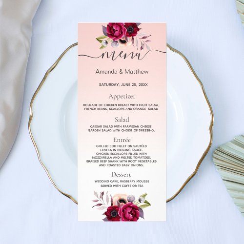 Blush pink rose gold burgundy florals wedding menu