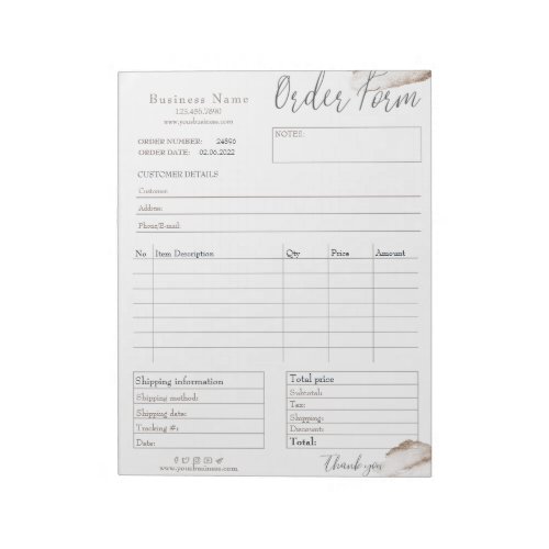 Blush Pink Rose Gold Business Order Form Notepad