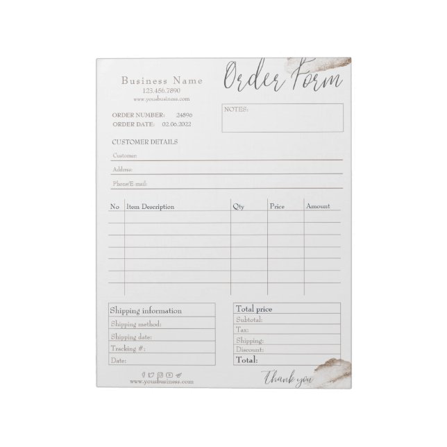 Blush Pink Rose Gold Business Order Form Notepad (Rotated)