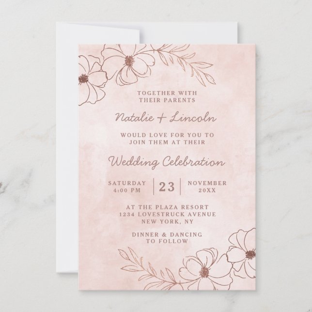 Blush Pink & Rose Gold Chic Floral Border Wedding Invitation (Front)