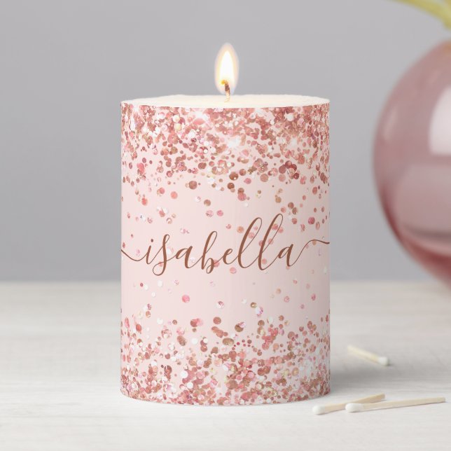 Blush pink rose gold confetti name script pillar candle (In Situ)