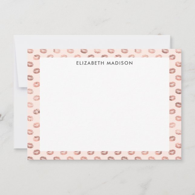 Blush Pink Rose Gold Copper Kiss Lips Lipstick Note Card (Front)