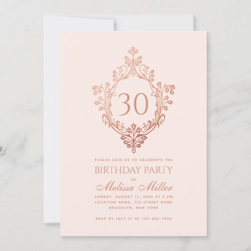 Blush Pink Rose Gold Crest Feminine 30th Birthday Invitation