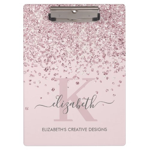 Blush Pink Rose Gold Diamond Glitter Monogrammed  Clipboard