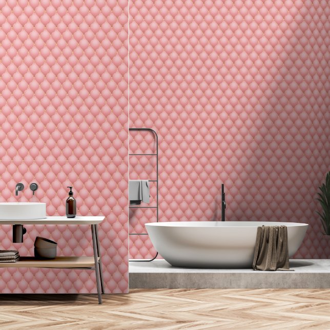 Blush Pink Rose Gold Diamond Tufted Ogee Wallpaper (Bathroom)