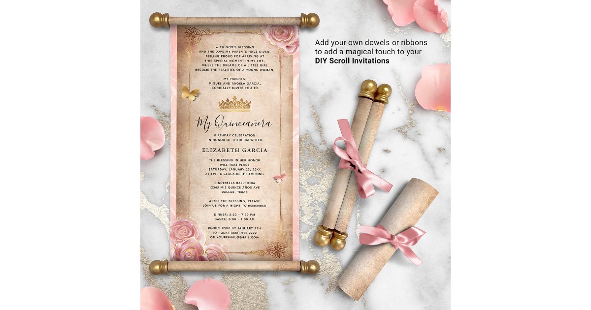Blush Pink Rose Gold DIY Quince Scroll Invitations | Zazzle