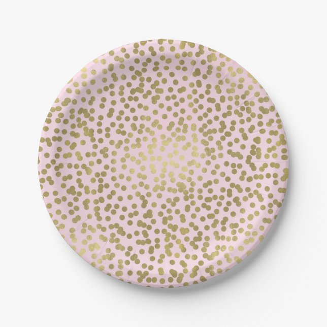 Blush Pink Rose & Gold Dots Confetti Elegant Glam Paper Plates (Front)