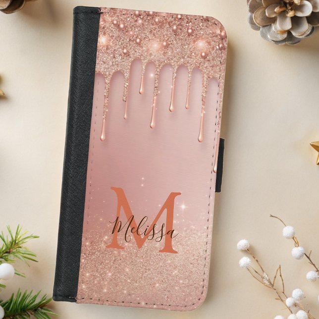 Blush Pink Rose Gold drip sparkle Monogram Name  iPhone Wallet Case (Creator Uploaded)