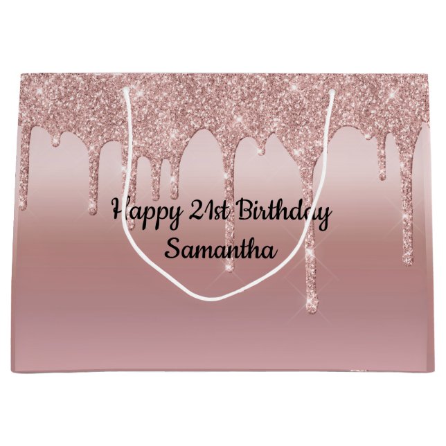 Blush Pink Rose Gold Dripping Glitter Personalized Large Gift Bag (Front)