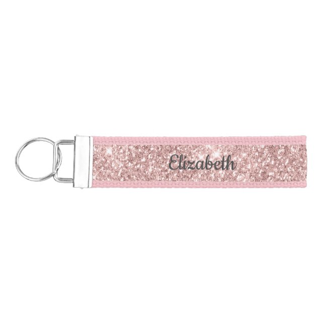 Blush Pink Rose Gold Dripping Glitter Trendy Glam  Wrist Keychain (Keys on Left)