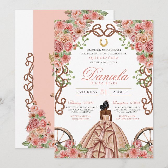 Blush Pink Rose Gold Elegant Charro Quinceanera Invitation (Front/Back)