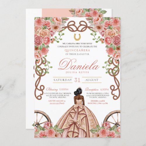 Blush Pink Rose Gold Elegant Charro Quinceanera Invitation