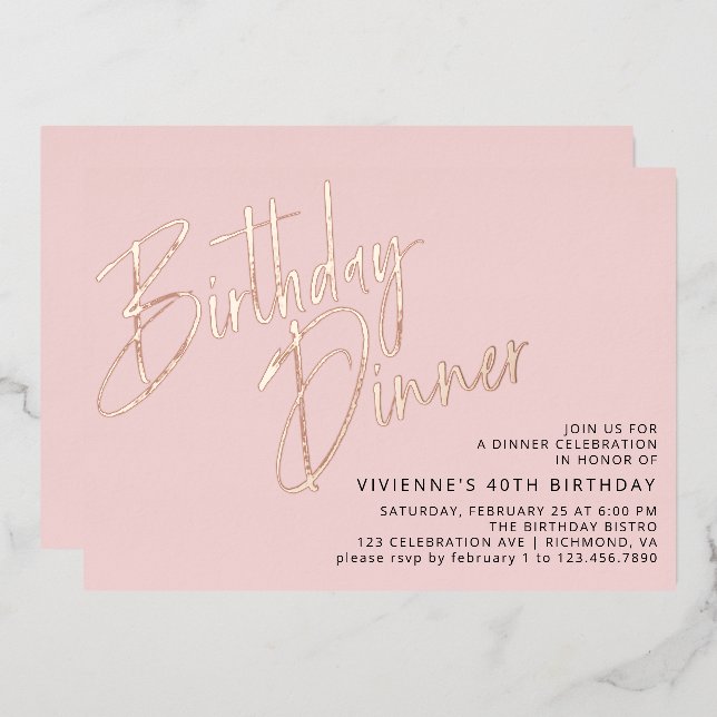 Blush Pink Rose Gold Elegant Girly Birthday Dinner Foil Invitation (Front/Back)