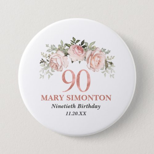 Blush Pink Rose Gold Floral 90th Birthday  Button