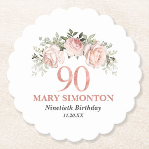 Blush Pink Rose Gold Floral 90th Birthday Paper Coaster