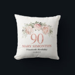 Blush Pink Rose Gold Floral 90th Birthday Throw Pillow<br><div class="desc">Unique gift idea for a 90th birthday celebration. A pretty and feminine spray of blush pink roses sits at the top of the design. 90 is written just below in a rose gold metallic graphic. Her name and two lines of text let you customize your gift. The back is a...</div>