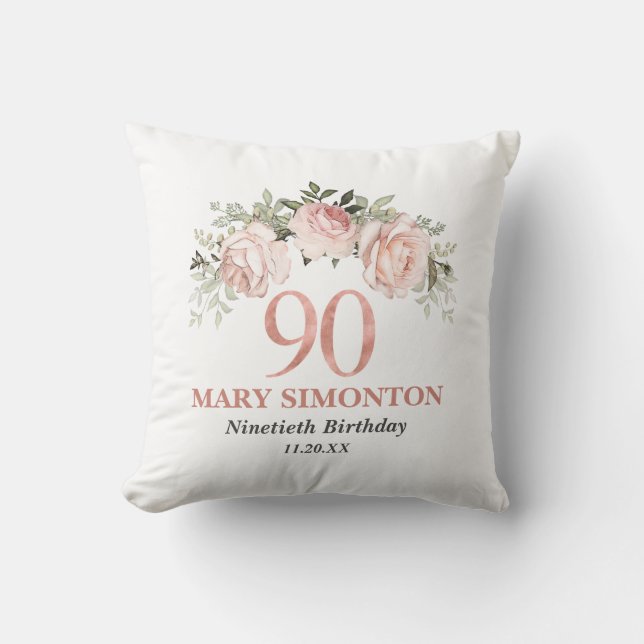 Blush Pink Rose Gold Floral 90th Birthday Throw Pillow (Front)