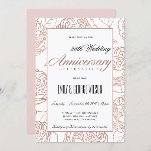 BLUSH PINK ROSE GOLD FLORAL ANY YEAR ANNIVERSARY INVITATION