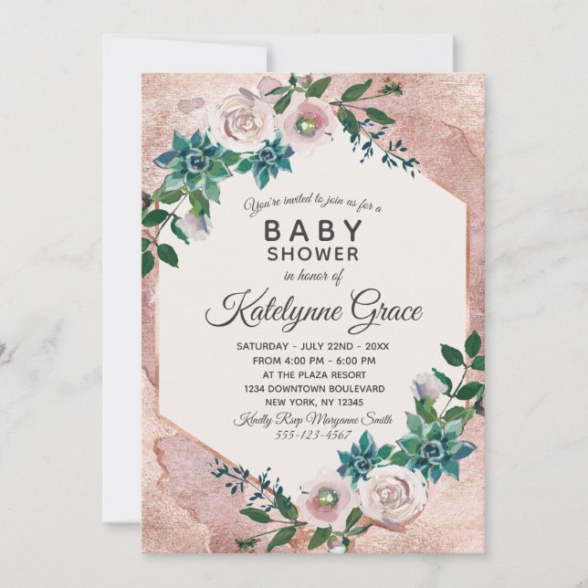 Blush Pink Rose Gold Floral Baby Shower Invitation (Front)
