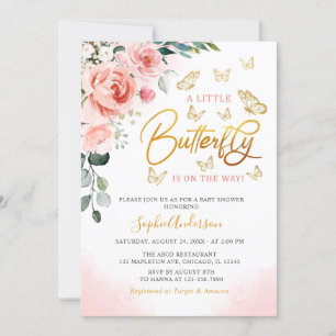 Blush Pink Rose Gold Floral Butterfly Baby Shower Invitation