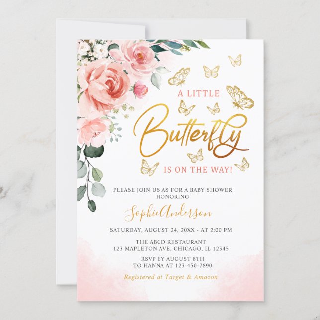 Blush Pink Rose Gold Floral Butterfly Baby Shower  Invitation (Front)