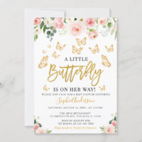 Blush Pink Rose Gold Floral Butterfly Baby Shower  Invitation