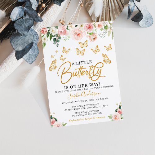 Blush Pink Rose Gold Floral Butterfly Baby Shower  Invitation
