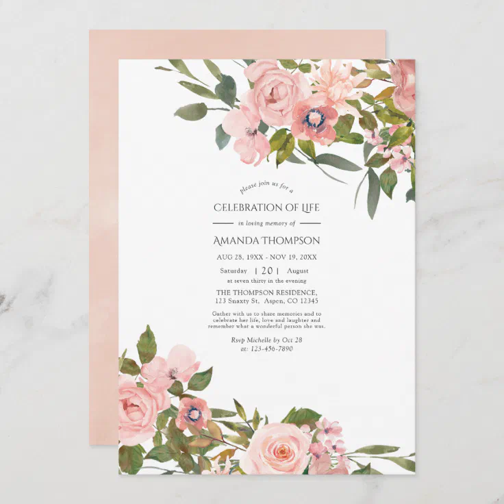 Blush Pink & Rose Gold Floral Celebration of Life Invitation | Zazzle