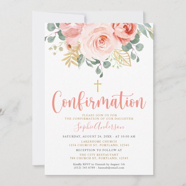 Blush Pink Rose Gold  Floral Cross Confirmation Invitation (Front)