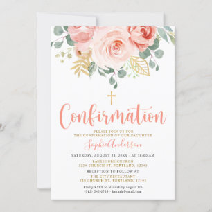 Blush Pink Rose Gold Floral Cross Confirmation Invitation