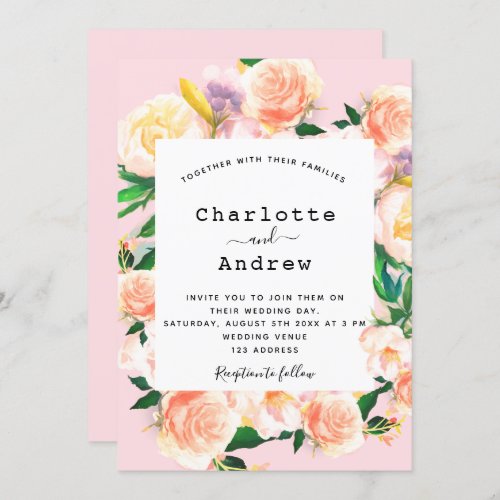 Blush pink rose gold floral elegant wedding invitation