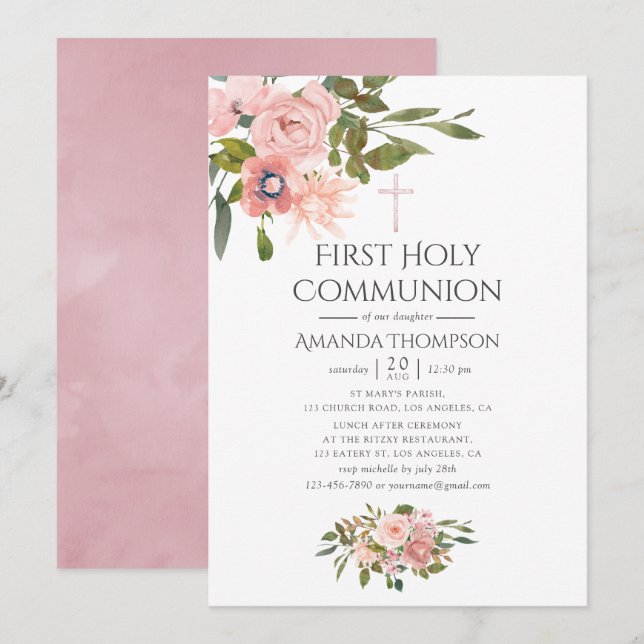 Blush Pink & Rose Gold Floral First Holy Communion Invitation (Front/Back)